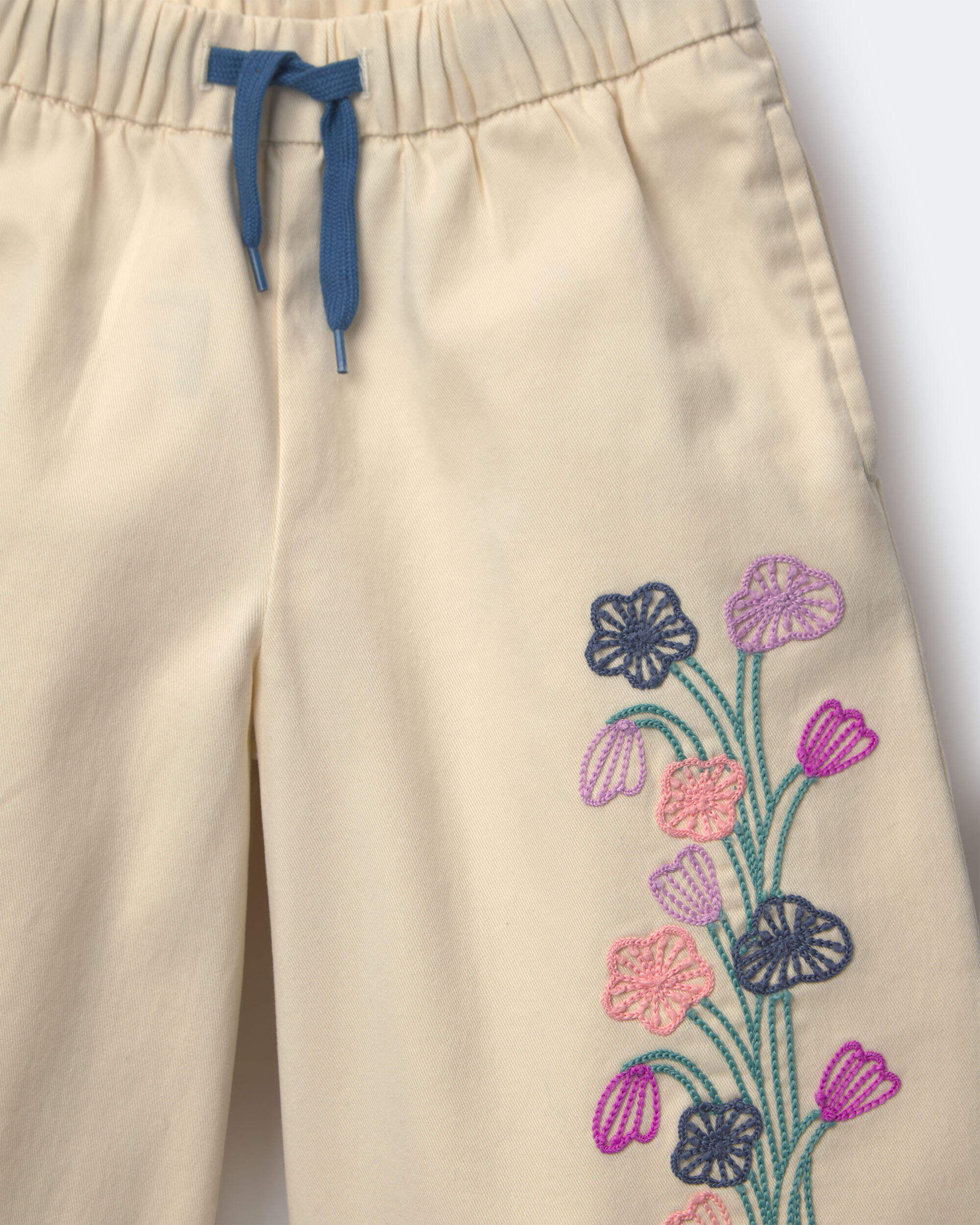 Toddler Girl Embroidered Wide-Leg Pants with Flowers - Cream - Image 4