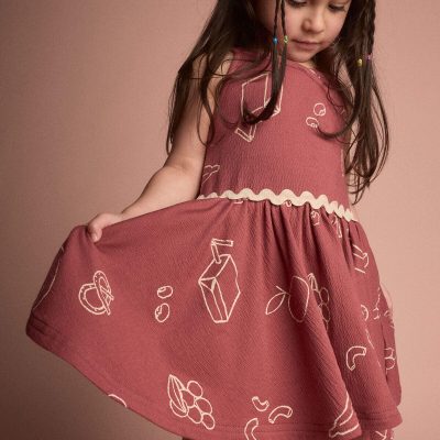 Toddler Girl Ric-Rac Crossover Dress in Snack Print  - Red