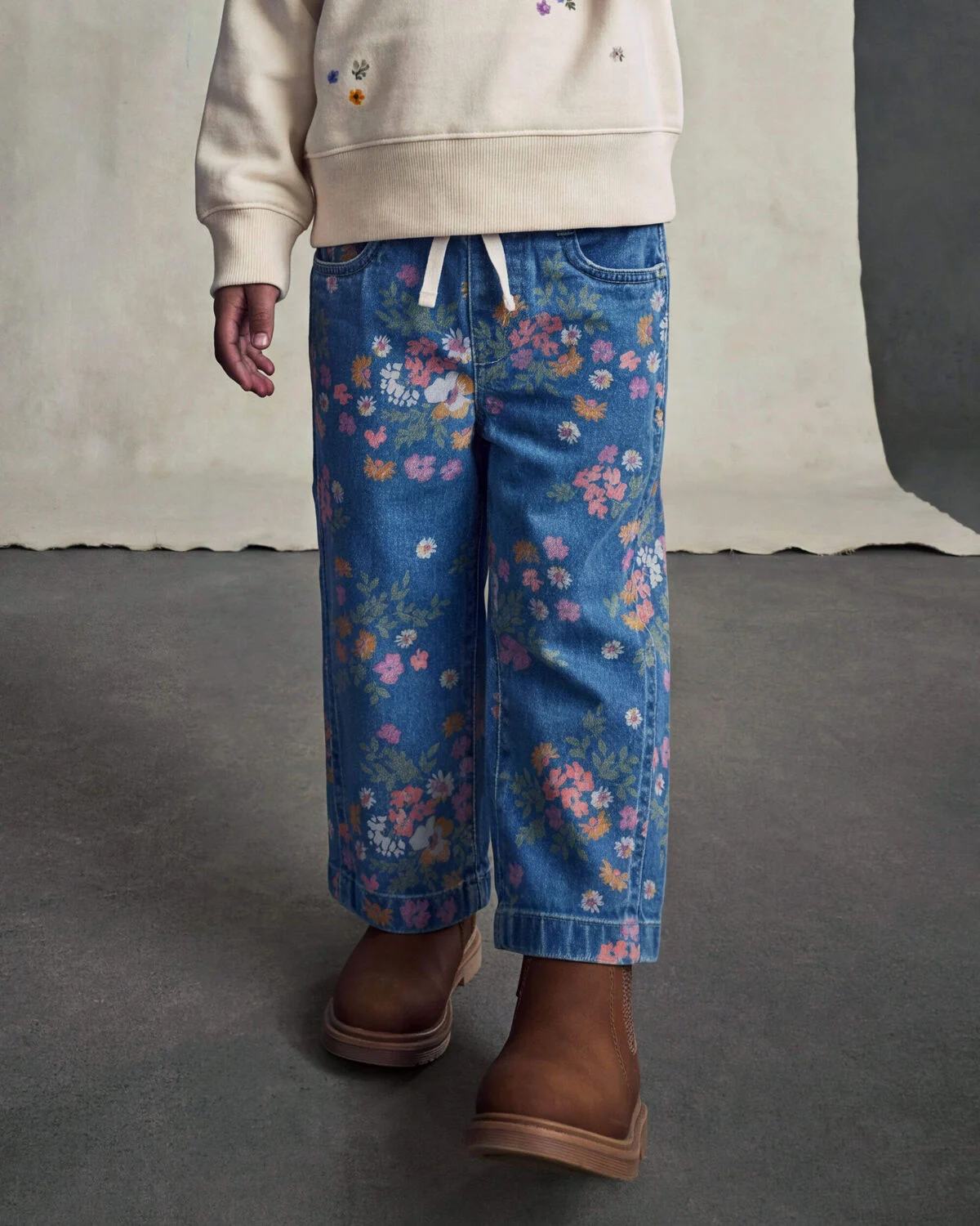 Toddler Girl Floral Denim Wide-Leg Jeans - Dark Wash - Image 4