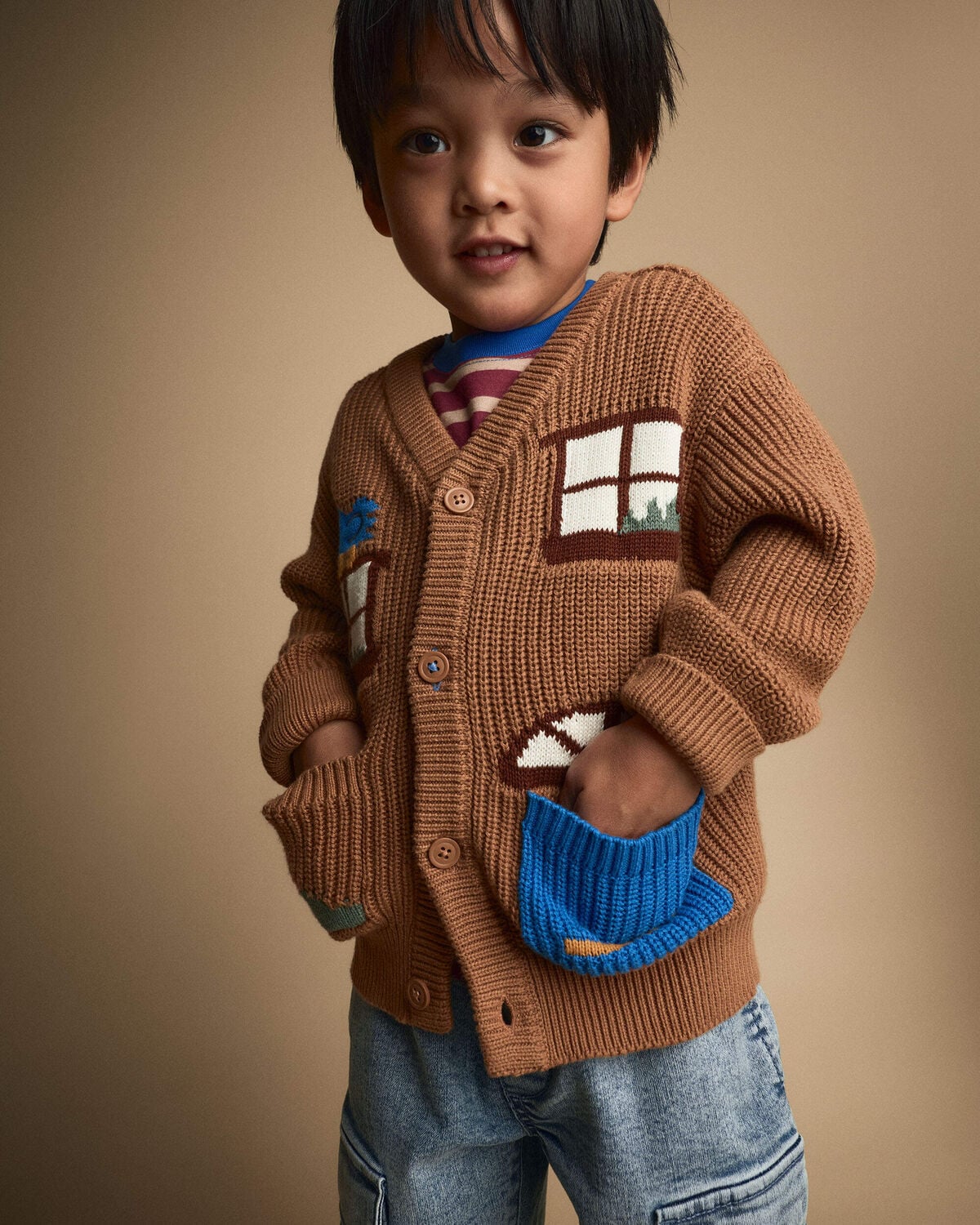 Toddler Cardigan with Avenue Pockets in House Print - Brown - Image 3