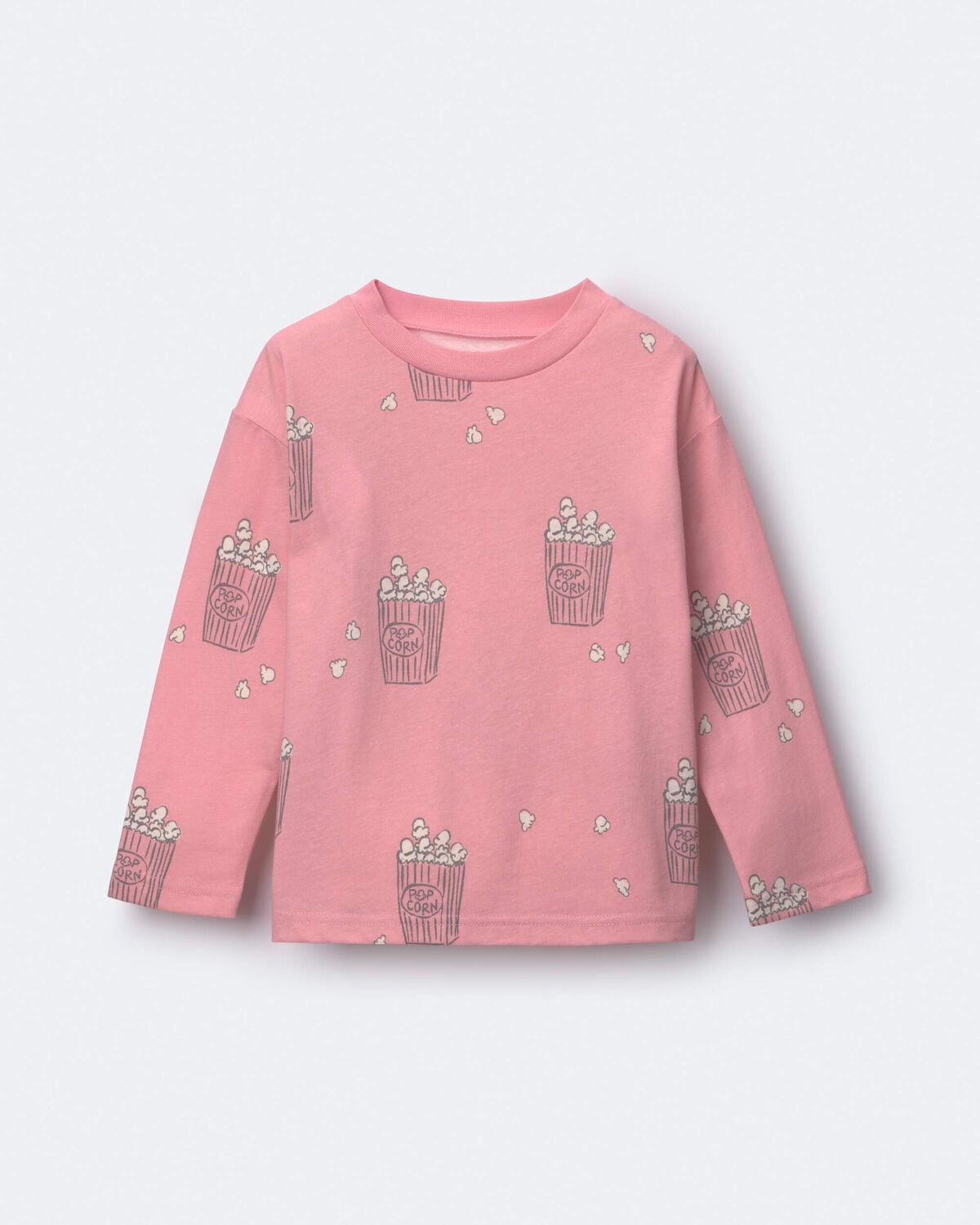 Toddler Girl Long-Sleeve Relaxed Graphic Tee in Popcorn Print - Light Pink