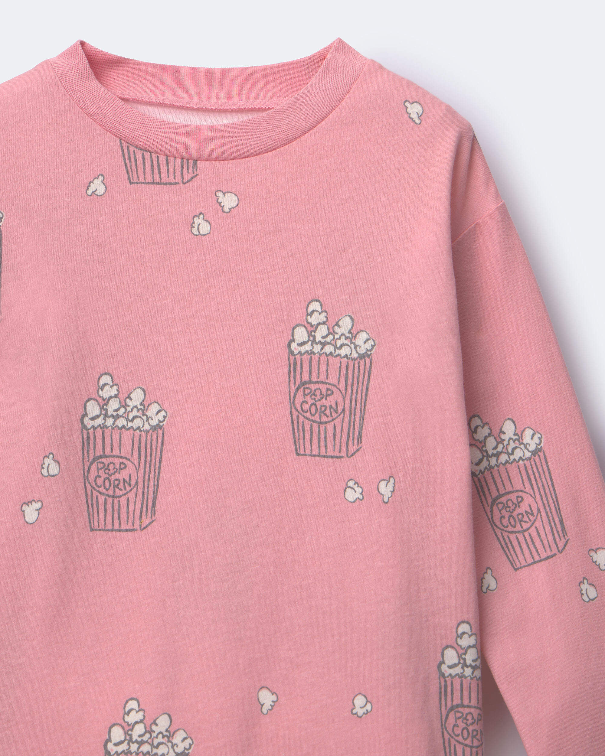 Toddler Girl Long-Sleeve Relaxed Graphic Tee in Popcorn Print - Light Pink - Image 3
