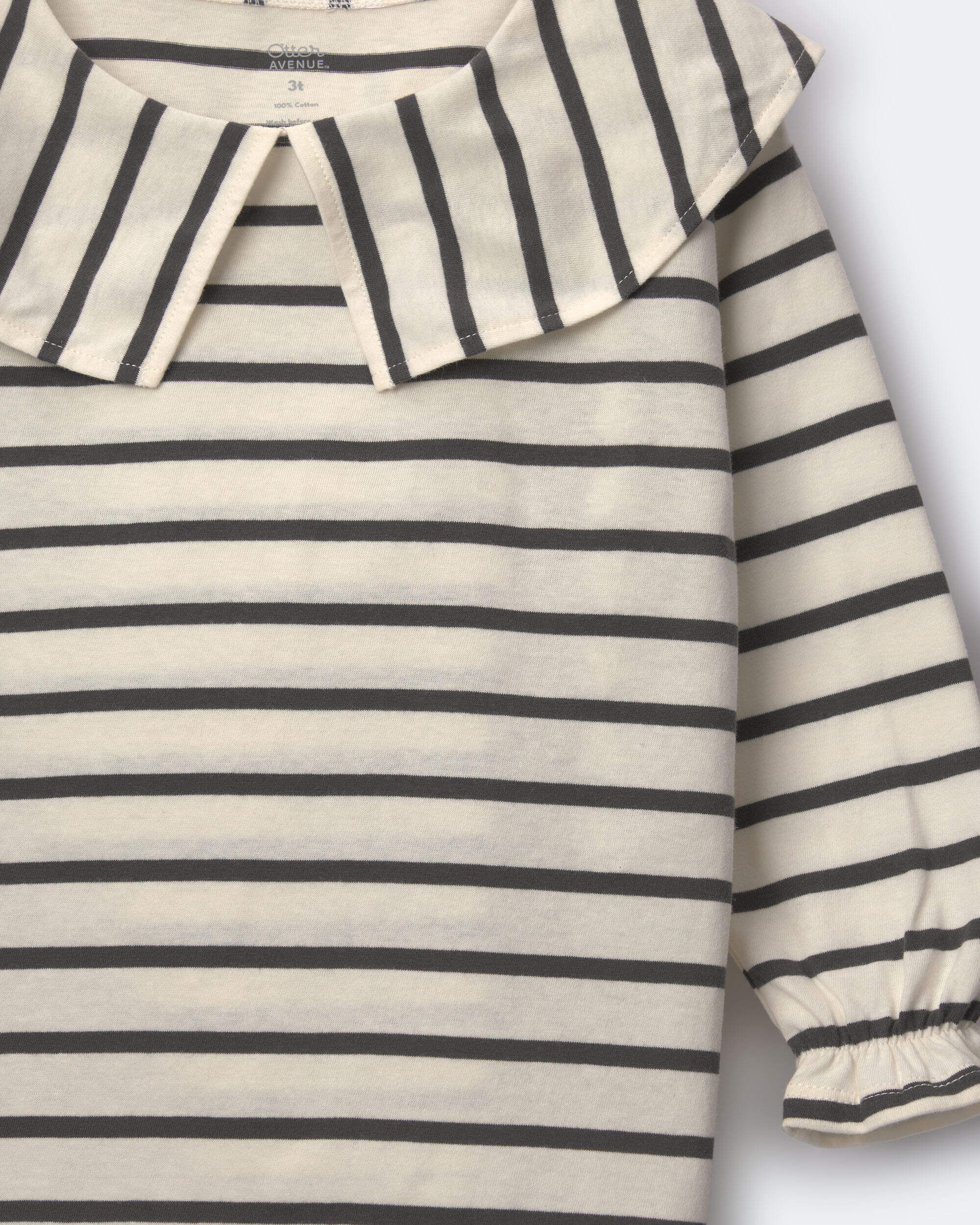 Toddler Girl Peter Pan Collar Top in Stripes - Cream/Black - Image 3