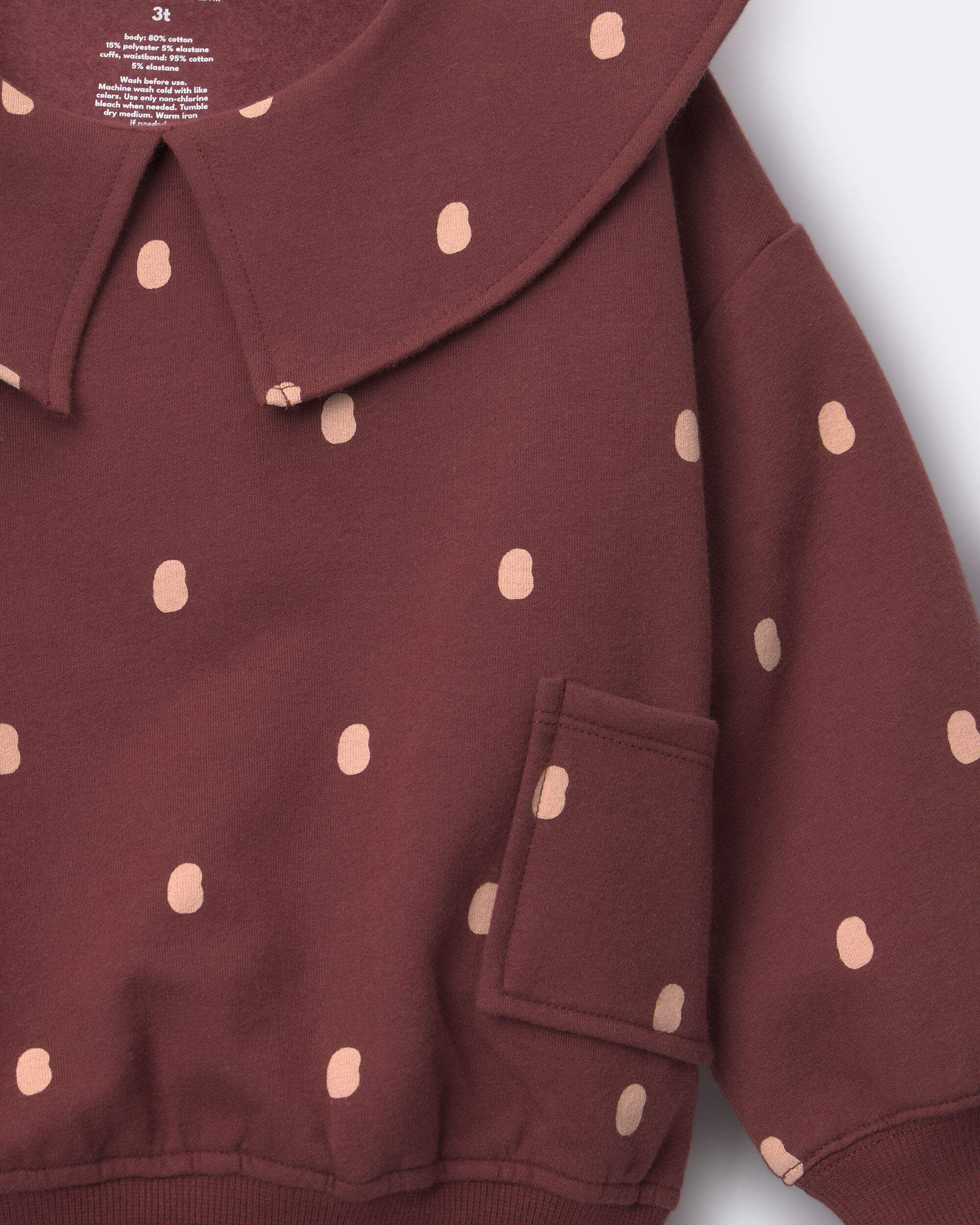 Toddler Girl Peter Pan Collar Pullover with Otter Pockets in Polka Dots - Burgundy - Image 6