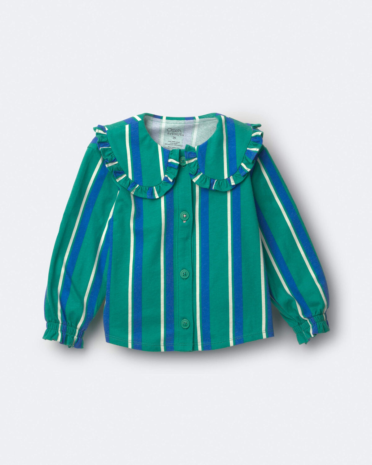 Toddler Girl Peter Pan Collar Top in Stripes - Green/Blue - Image 2