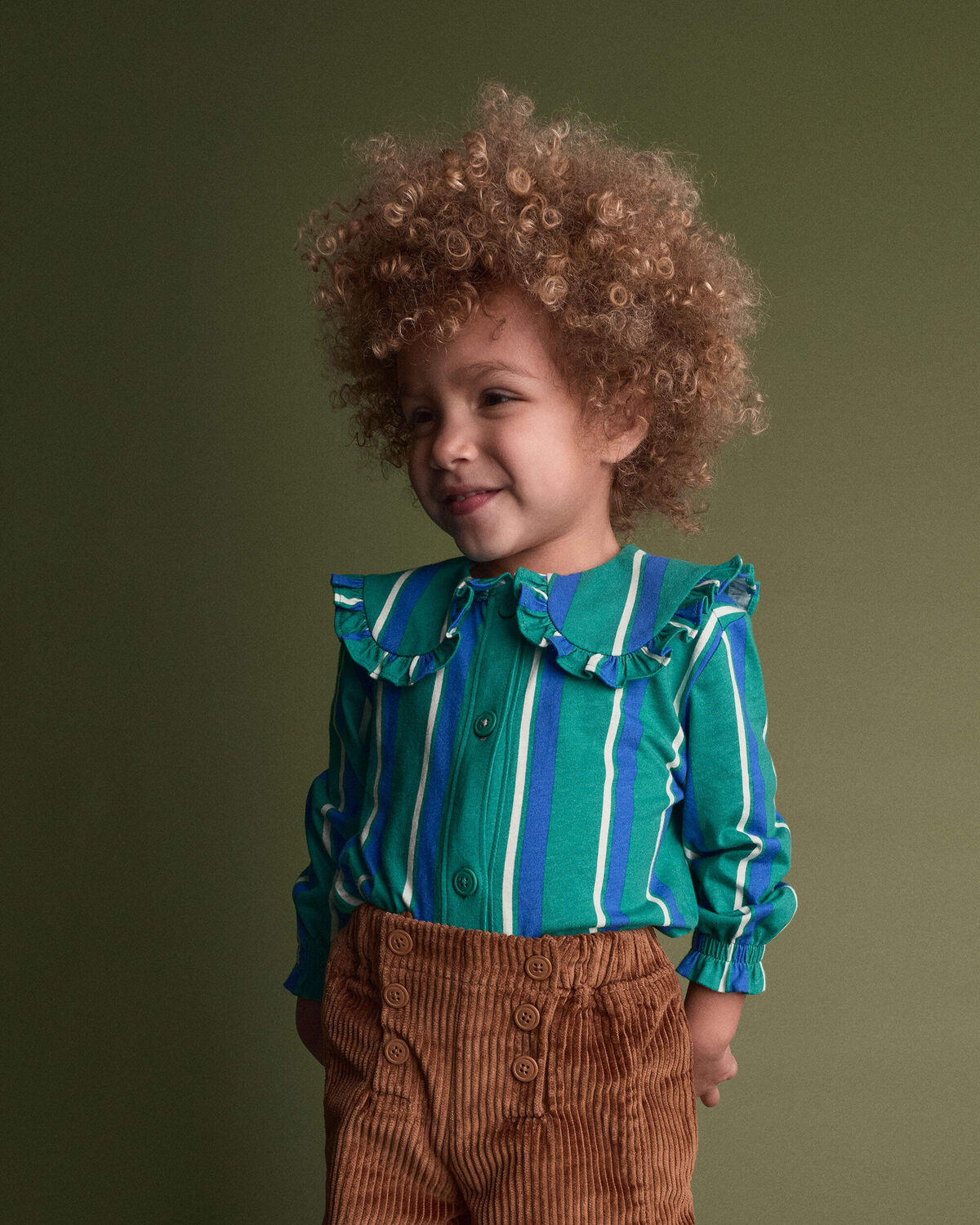 Toddler Girl Peter Pan Collar Top in Stripes - Green/Blue - Image 3