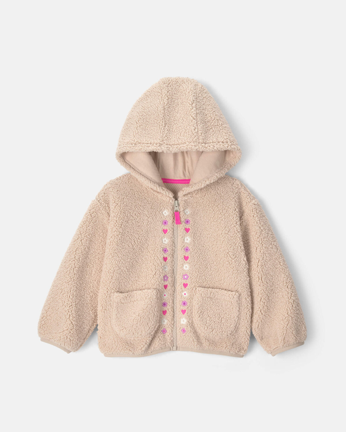 Toddler Girl Flower Teddy Fleece Zip-Up Hoodie - Cream