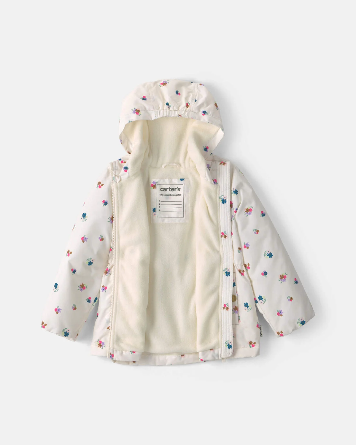 Toddler Girl Floral Hooded Midweight Winter Jacket - Cream - Image 2